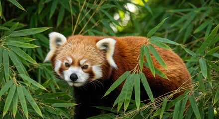 A red panda peers from within a vibrant green bamboo forest, gazing at the viewer