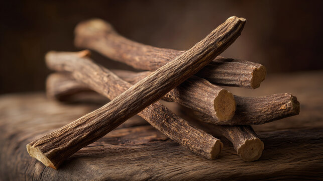 A pile of licorice root sticks on a wooden surface in a close-up view