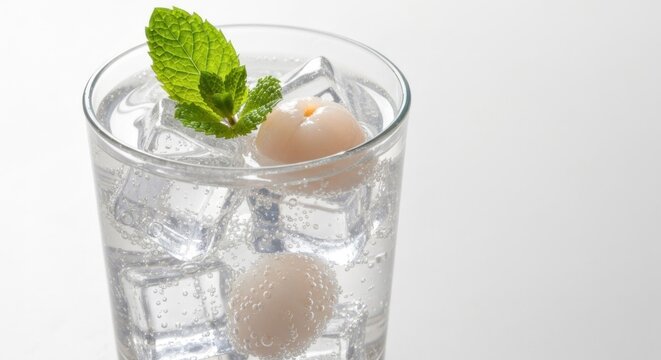 A refreshing drink of clear liquid with ice cubes, lychees, and a mint sprig garnish