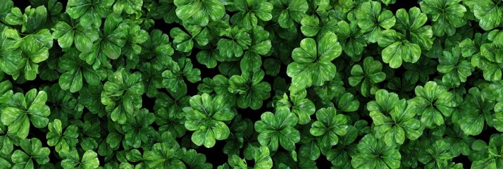Obraz premium Lush green leaves of clover plants arranged closely together, creating a dense, vibrant greenery on a dark background.