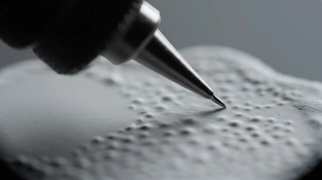 Detailed view of a tattoo gun needle meticulously working on a synthetic skin for practice and training