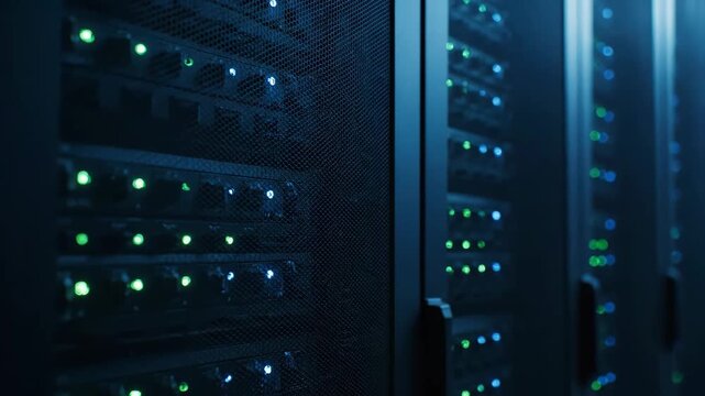Detailed view of active server racks in a secure data center, showcasing network and data processing.