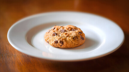 Delicious Chocolate Chip Cookie on White Plate with Blurred Wooden Background
