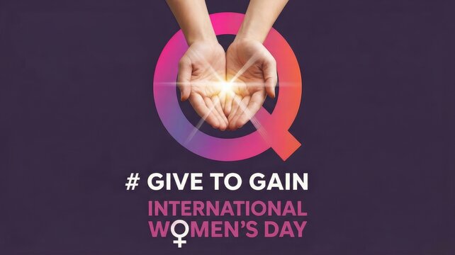Empowering hands holding glowing light in International Women's Day symbol