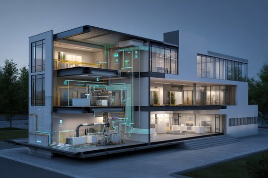 Cross section visualization of energy efficient building showing thermal envelope heat recovery ventilation and smart climate controls with efficiency metrics overlay
