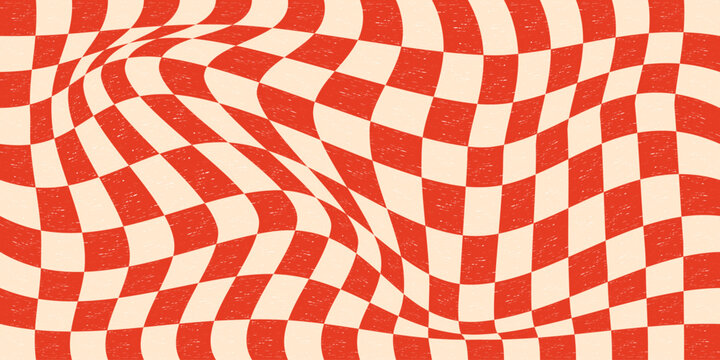 Wavy checker background. Groovy chessboard grid, distorted pattern with warped twisted tiles, funky psychedelic mosaic optical illusion effect y2k style. Vector illustration