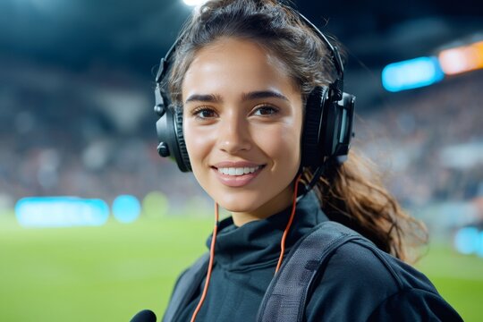 Female sports broadcaster smiling preparing for live report
