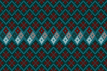 Seamless ethnic pixel pattern in teal, dark green and burgundy tones featuring small geometric floral motifs. Traditional woven textile inspired design, perfect for fabric, wallpaper and decorative