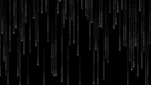 Digital rain of tiny white pixels falling down on a black background with a cinematic effect