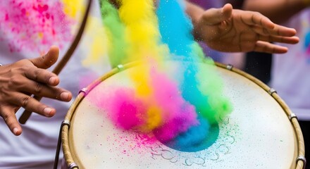 Obraz premium Vibrant colors explode from drum as hands play dynamic beat