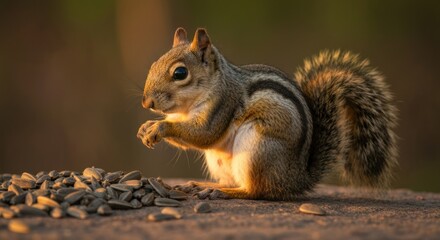 Obraz premium Close-up of a chipmunk eating seeds, lit by warm sunlight, on a textured surface