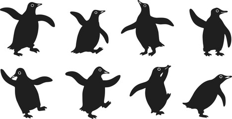 Penguin silhouette illustration set, dancing bird artwork, arctic animal vector design, playful wildlife graphic pack, cold climate symbol collection, sketch © Rima