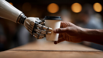 Shop coffee, bionic arm delivers a glass of coffee to a person's hand, transferring the spark of knowledge about coffee