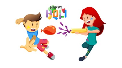 Joyful Indian children in traditional attire playing with Holi color powders under hanging mango leaf toran decorations.