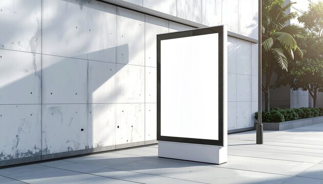Modern blank vertical outdoor digital signage billboard screen mockup standing on sidewalk near brutalist concrete wall in sunny urban street environment 3D rendering . space to design and perfect