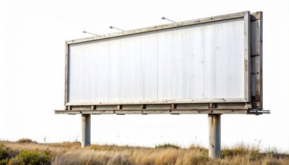Obraz premium Large isolated blank white billboard template ready for your advertising message placed outdoors in a dry grassy field mockup against a clean white background . space to design and perfect any