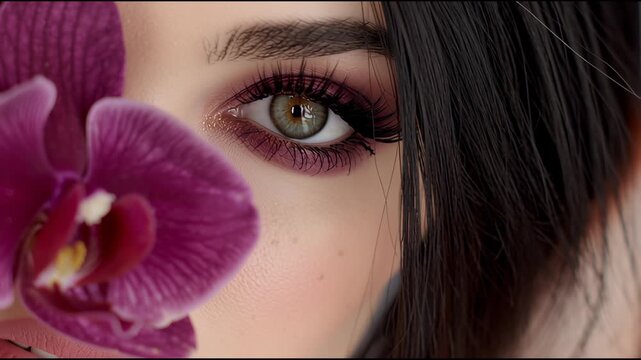 Glamorous Eye Makeup Close-up. Macro shot of green eyes with dramatic makeup next to an orchid.