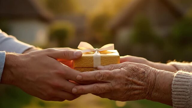 Young hands giving yellow gift box to senior outdoors at sunset, symbol of kindness and generational connection
