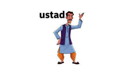 Cartoon man in traditional attire gesturing dynamically in a white environment from a front viewpoint