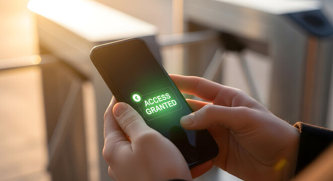 Person using phone to scan access granted at security checkpoint