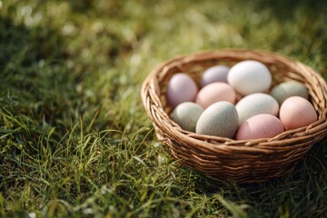 Obraz premium handmade wicker basket holding pastel easter egg standing on vibrant green field in rural landscape shallow depth of field soft daylight concept of spring tradition food branding