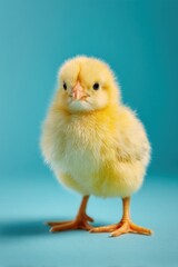 Obraz premium newborn chick with soft yellow feather posed on simple blue studio background natural light detail minimal design concept of spring farming poultry production advertising and holiday marketing