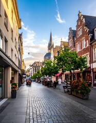 Obraz premium Cobblestone European street with shops, trees, and traditional buildings under a partly cloudy blue and orange sky