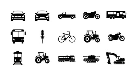 Various transportation vehicles and machinery icons on white background