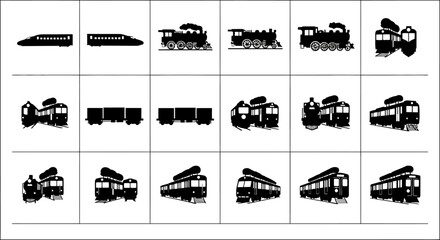 Collection of various train and locomotive silhouettes on white background for design use