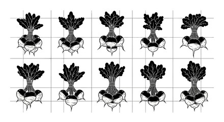 Black and white illustrations of turnips in a grid pattern on a white background