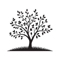 Obraz premium Stylized silhouette of a lush tree with leaves and grass on white background