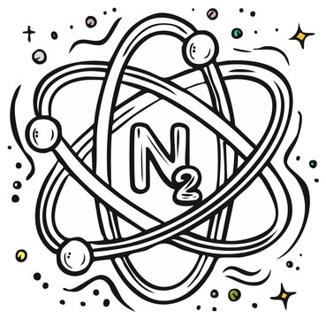 Stylized nitrogen molecule diagram with orbiting electrons and colorful dots