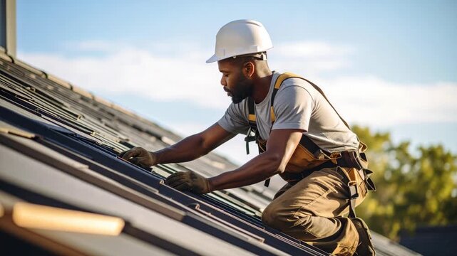 Roofer with hard hat installing shingles on a house rooftop under blue sky