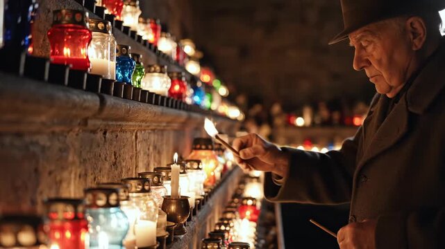 Elderly Man Lights Candles at Memorial Site Remembering Loved Ones.