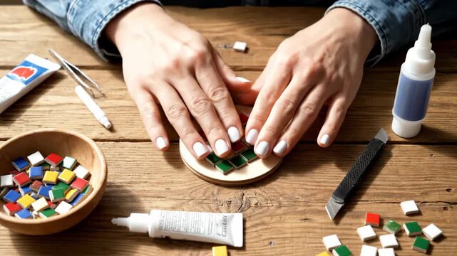 Hands carefully place colorful mosaic tiles onto a wooden coaster base. This DIY craft project involves precision and creativity.