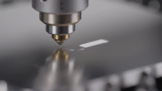 High-precision laser machine engraves intricate patterns on metal. Bright light highlights advanced manufacturing process.
