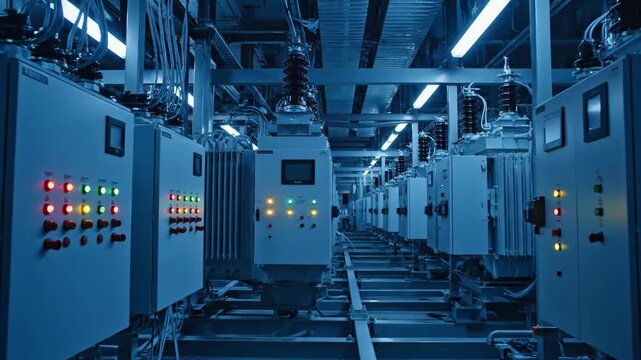 Inside a high-tech power plant control room featuring rows of electrical panels and active indicator lights.