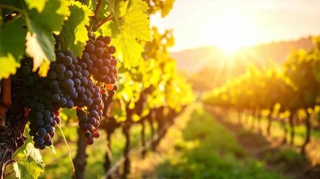 Ripe dark grapes on vine with golden sunset illuminating vineyard rows