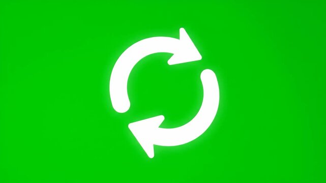 Looping animation of a glowing white refresh icon with two arrows on a vibrant green screen background. Perfect for tech.