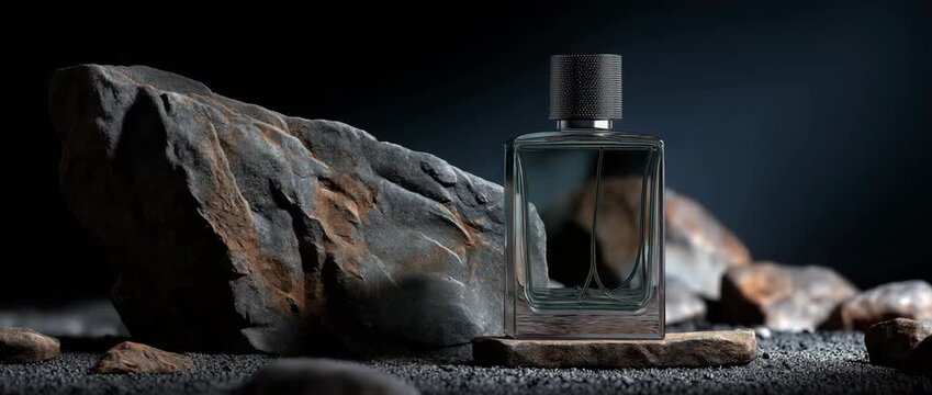 a bottle of men's perfume standing on a stone on a dark background