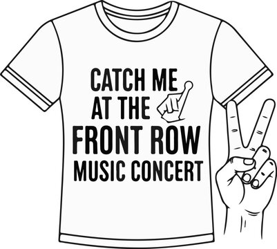 Black and white drawing of t-shirt with concert slogan and hand gesture