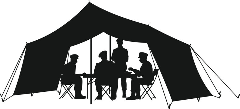 Silhouette of military officers inside a field tent during briefing meeting, army teamwork and strategy planning concept, outdoor training camp scene with soldiers.