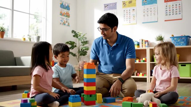 Male teacher and diverse children build colorful blocks in a bright classroom, fostering early learning.