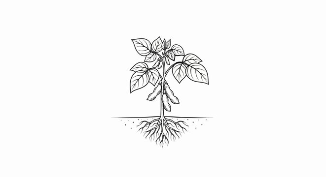 Black and white illustration of a soybean plant with roots