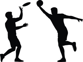 Silhouette of two men playing basketball with ball in action pose, sporty competition concept, outdoor training game scene, athletic teamwork and exercise activity. © MSTALIFNUR