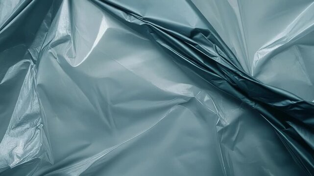 Wrinkled blue plastic film creating an abstract, dynamic background with varying creases and light reflections, offering a versatile texture for design and conceptual applications