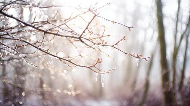 Delicate ice coating bare tree branches in winter sunlight, capturing frozen beauty