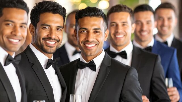 Group of happy men in tuxedos and bow ties at a formal event