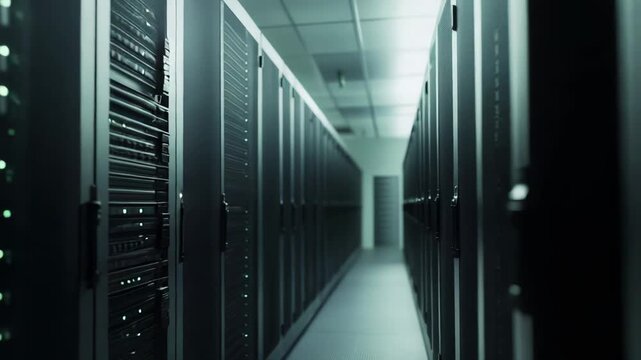 Data center corridor with rows of server racks and blinking lights, illustrating the backbone of digital information storage and high speed data processing technology