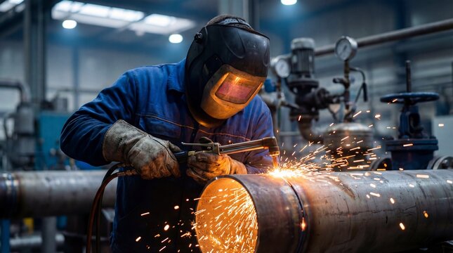 Professional welder cutting a thick steel pipe with an oxy fuel torch in a busy industrial workshop. Industrial pipe fabrication shop with valves gauges heavy machinery and visible welding sparks